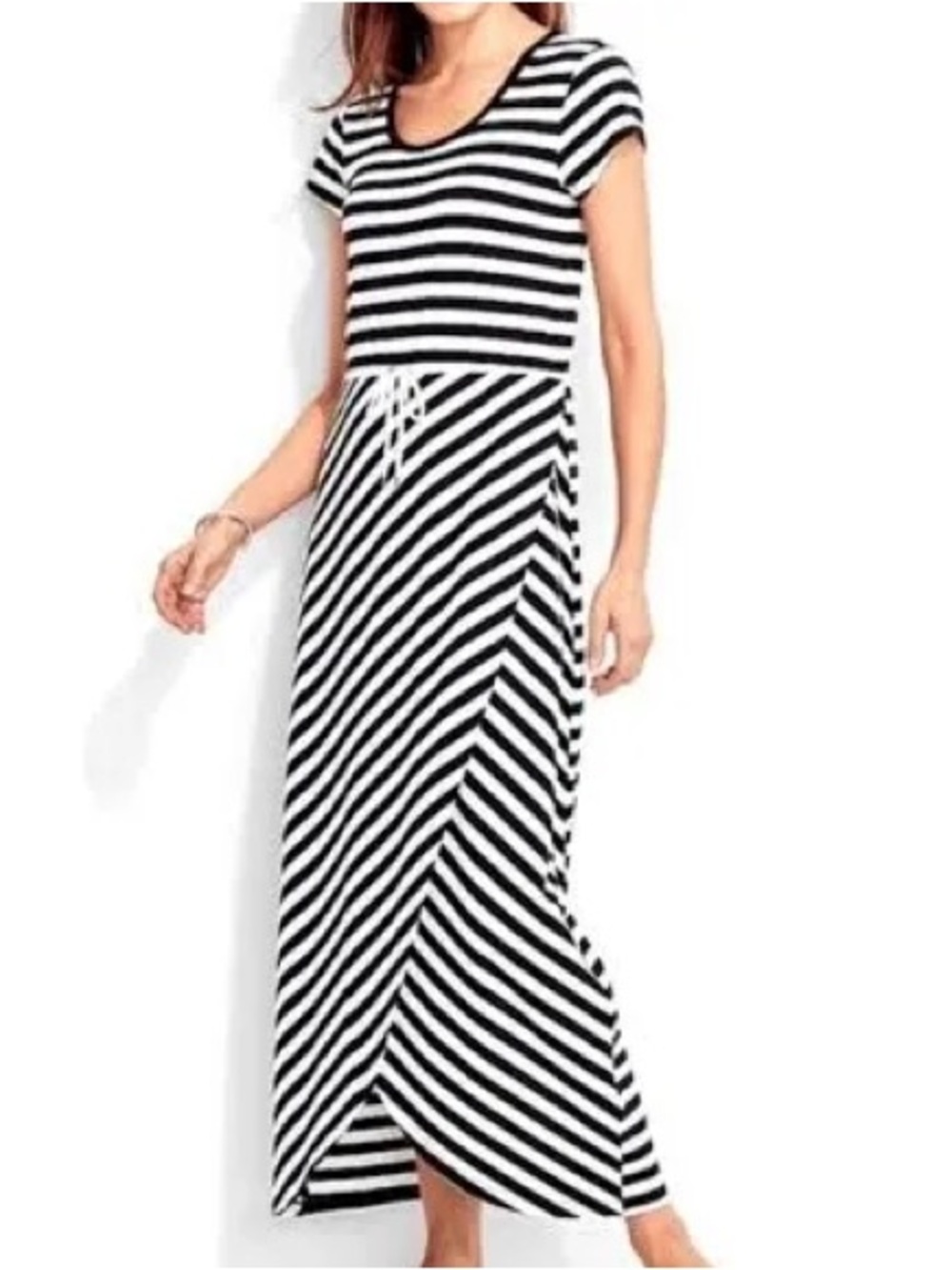 🎬 Talbots Women’s Black and White Striped Short-Sleeve Maxi Dress - Size L
